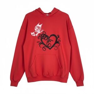 Gildan Red Women's Sweater with Heart and Butterfly Design